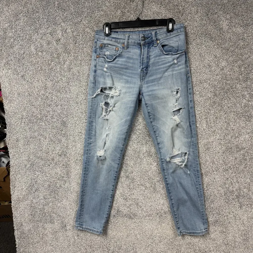 American Eagle Jeans Mens 28x26 Blue Airflex+ Skinny Distressed Ripped Denim